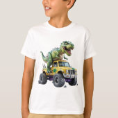 巨大トラックを運転する野生の冒険恐竜 Tシャツ (正面)