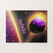 巨大バイオレット小惑星がピンクの惑星に向かって回転する ジグソーパズル (横)