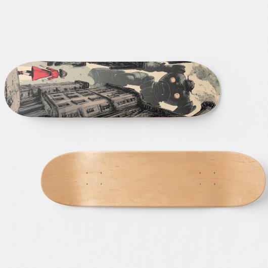 巨大ロボットに直面する漫画ブックの女の子 スケートボード (横)