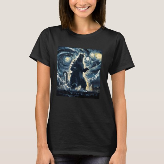 巨大怪獣キャットジラ猫の日本美術スター Tシャツ (正面)