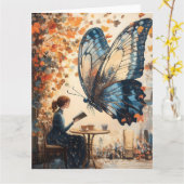 巨大読な蝶の抽象芸術アートを持つ女性 カード (黄色い花)