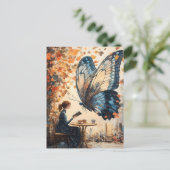 巨大読な蝶の抽象芸術アートを持つ女性 ポストカード (スタンド正面)