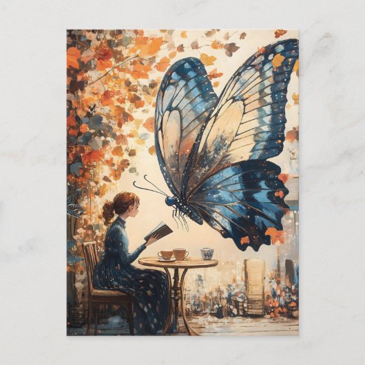巨大読な蝶の抽象芸術アートを持つ女性 ポストカード (正面)
