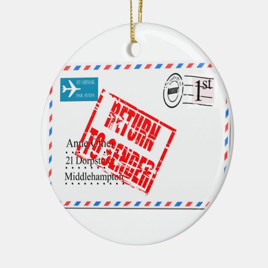 差出人に航空便の封筒を返送する セラミックオーナメント (左)