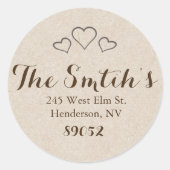 差出人住所のステッカーを結婚する素朴なハート ラウンドシール (正面)