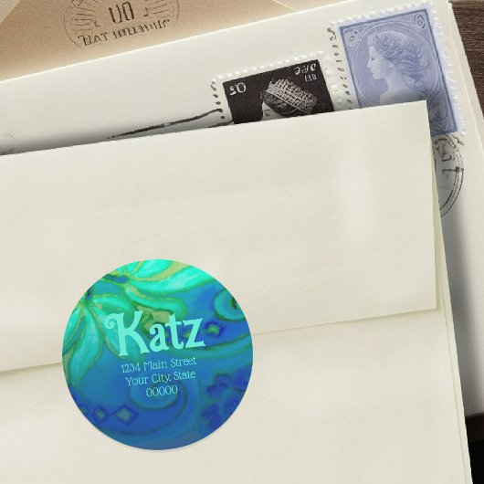 差出人住所アクアグリーンブルーフローラ水彩 ラウンドシール