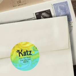 差出人住所イエローターコイズフローラ水彩 ラウンドシール