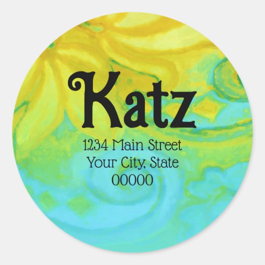 差出人住所イエローターコイズフローラ水彩 ラウンドシール (正面)