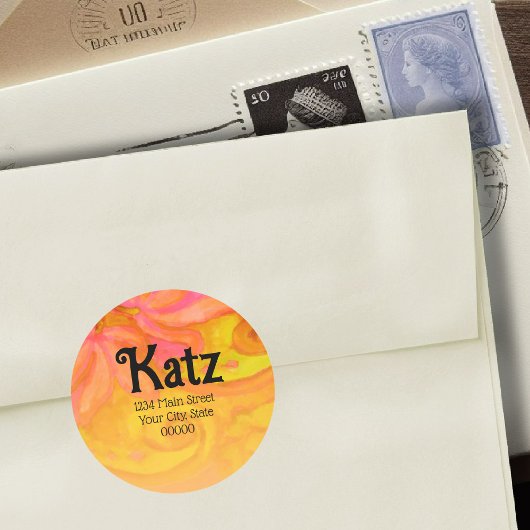 差出人住所イエローピンクフローラ水彩 ラウンドシール