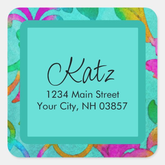差出人住所カラフルダマスアクア スクエアシール (正面)