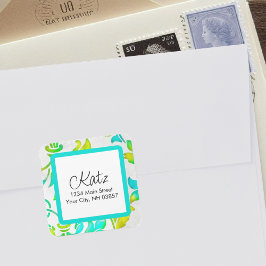 差出人住所カラフルダマスクターコイズ黄 スクエアシール