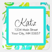差出人住所カラフルダマスクターコイズ黄 スクエアシール (正面)