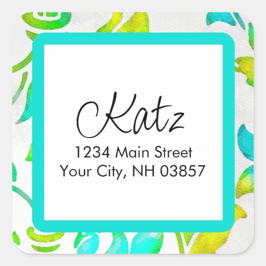 差出人住所カラフルダマスクターコイズ黄 スクエアシール (正面)
