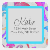 差出人住所カラフルダマスピンクターコイズ スクエアシール (正面)