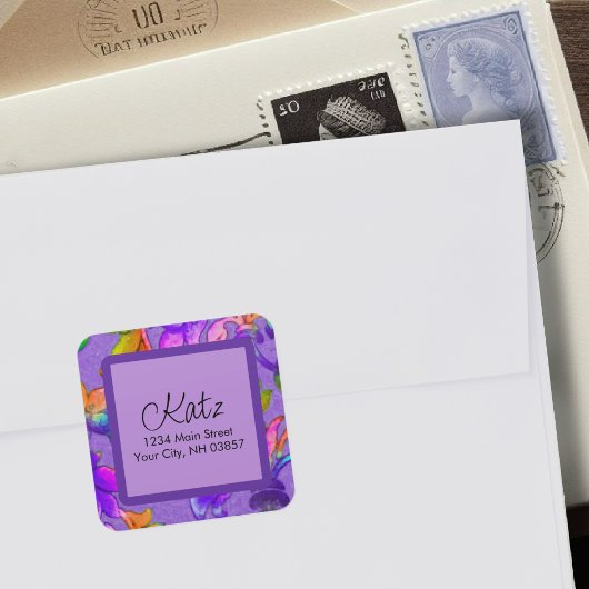 差出人住所カラフルダマスピンクターコイズ スクエアシール