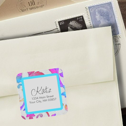 差出人住所カラフルダマスピンクターコイズ スクエアシール