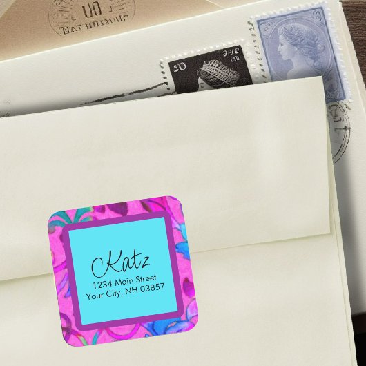 差出人住所カラフルダマスピンク スクエアシール