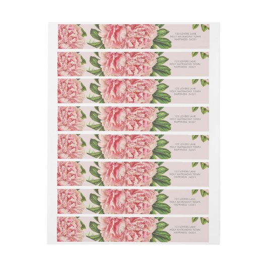 差出人住所シックなピンクのフローラ牡丹の花 ラップアラウンドラベル (シート)