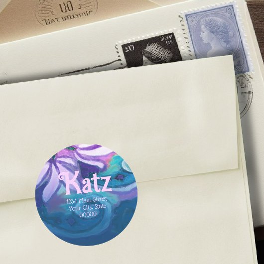 差出人住所パープルティール（緑がかった色）ピンクフローラ水彩 ラウンドシール