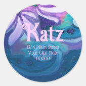 差出人住所パープルティール（緑がかった色）ピンクフローラ水彩 ラウンドシール (正面)