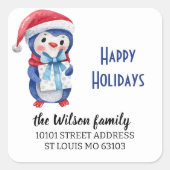 差出人住所ブルーレッドペンギンハッピーホリデイズ スクエアシール (正面)