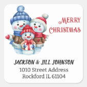 差出人住所ブルーレッド雪だるまファミリー スクエアシール (正面)