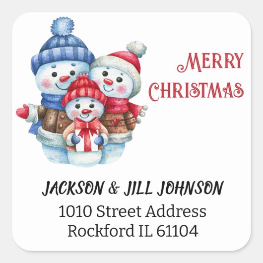 差出人住所ブルーレッド雪だるまファミリー スクエアシール (正面)