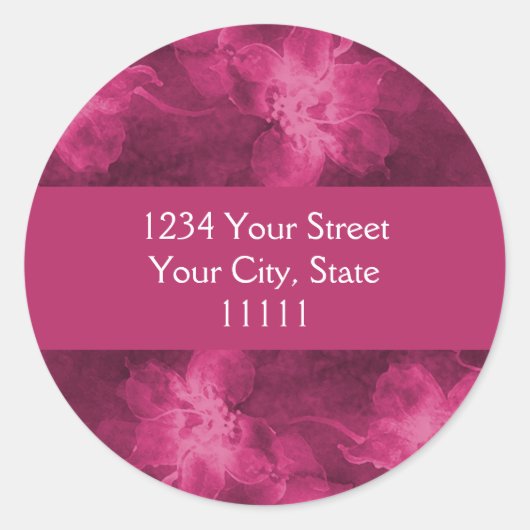 差出人住所マゼンタピンク水色の花 ラウンドシール (正面)