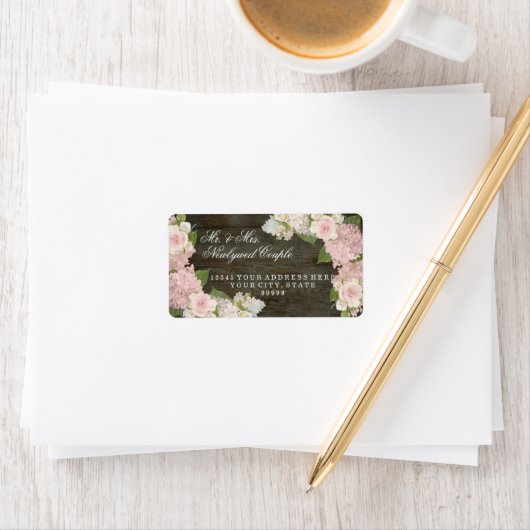 差出人住所大型ダークウッドピンクアジサイ ラベル (インサイチュ)