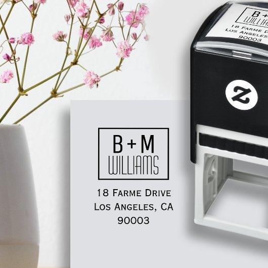 差出人住所正方形ブラック/ホワイトのモノグラム セルフインキングスタンプ