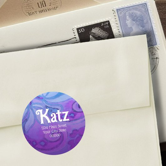 差出人住所紫ターコイズフローラ水彩 ラウンドシール