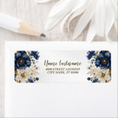 差出人住所結婚ズネイビーブルーホワイト花 ラベル (インサイチュ)