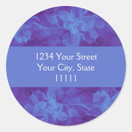 差出人住所青と紫の水色の花 ラウンドシール (正面)