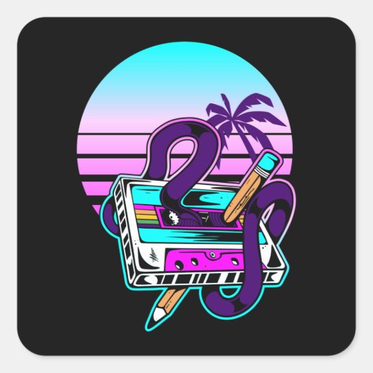 巻き戻しカセット音楽鉛筆80s 90s スクエアシール (正面)