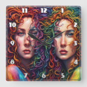 巻カラフル毛の双子ポートレート スクエア壁時計 (正面)