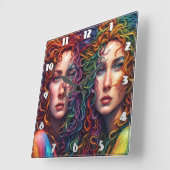 巻カラフル毛の双子ポートレート スクエア壁時計 (傾斜)