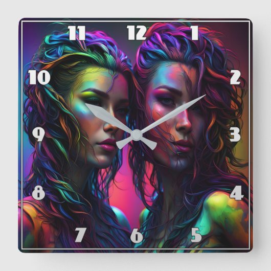 巻カラフル毛の女性の二重ポートレート スクエア壁時計 (正面)