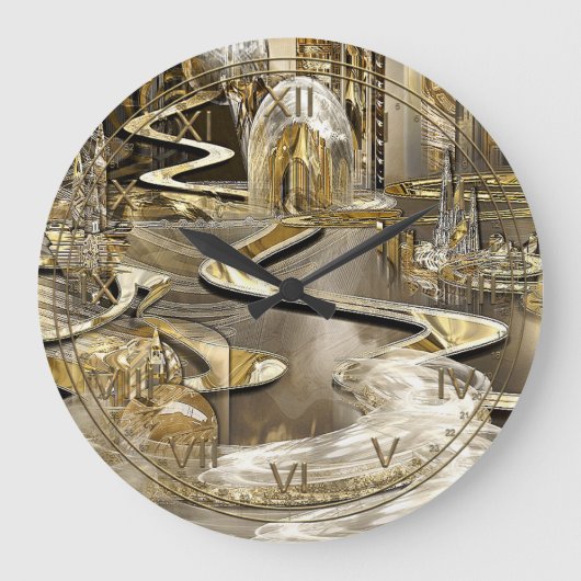 巻上げのジャクソンのファンタジーの未来派都市 ラージ壁時計 (正面)