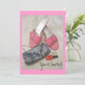 巾着かわいらしピンクヒール招待状誕生日/任意 招待状 (スタンド正面)