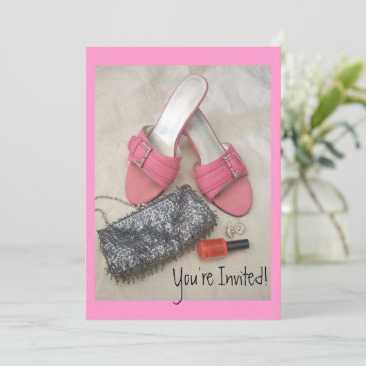 巾着かわいらしピンクヒール招待状誕生日/任意 招待状 (スタンド正面)