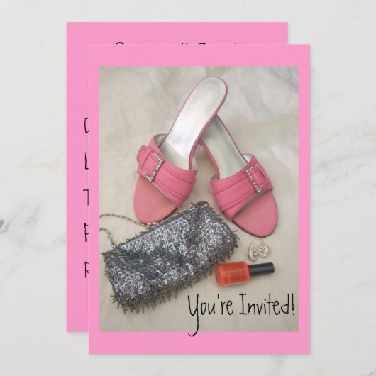巾着かわいらしピンクヒール招待状誕生日/任意 招待状 (正面/裏面)