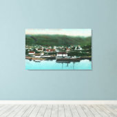 市と汽船のウォーターフロントビュー キャンバスプリント (インサイチュ (ウッドフロア))