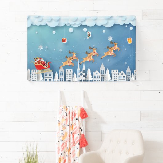 市のクリスマスの上で紙で切ったサンタとトナカイ 横断幕 (インサイチュ)