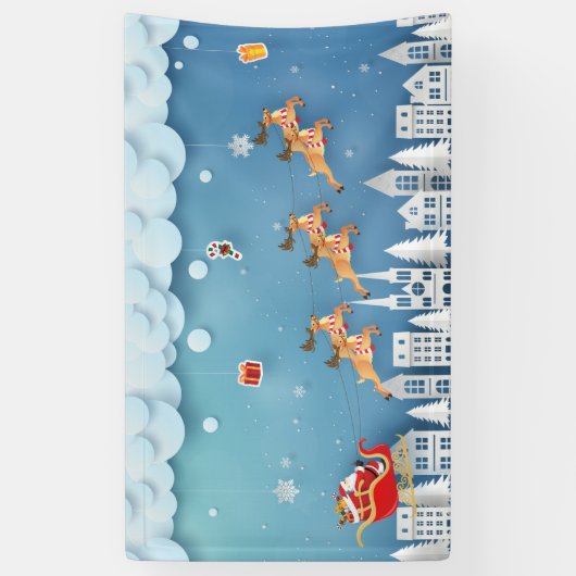 市のクリスマスの上で紙で切ったサンタとトナカイ 横断幕 (縦)