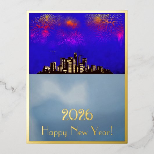 市の上で新年の黄金の花火 箔シーズンポストカード (正面)