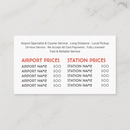 市の通りライト、タクシーのタクシー会社、価格表 名刺 (裏面)