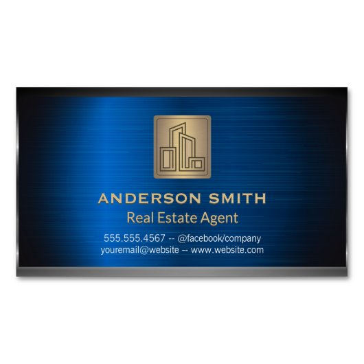 市モダン建物ロゴ金ゴールドメタリック背景 マグネット名刺 (正面)