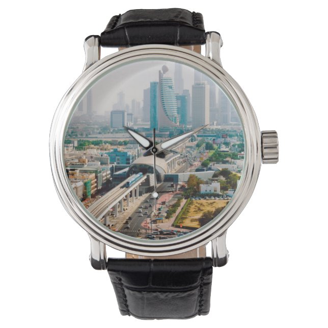 市営地下鉄線と超高層ビルの表示 腕時計 (正面)
