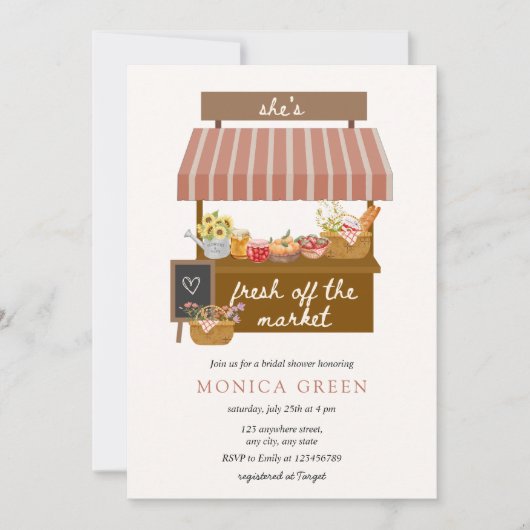 市場から出たばかりの可愛いブライダルシャワー 招待状 (正面)