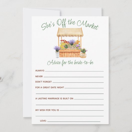 市場から外れたブライダルシャワーアドバイスカード 招待状 (正面)